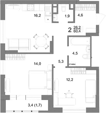 Планировка 2-к.кв, 60,4 м² в ЖК Шаумяна 77
