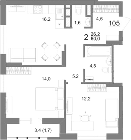 Планировка 2-к.кв, 60 м² в ЖК Шаумяна 77