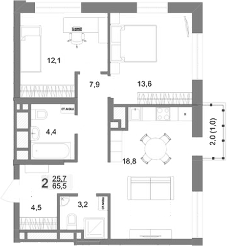 Планировка 2-к.кв, 65,5 м² в ЖК Шаумяна 77