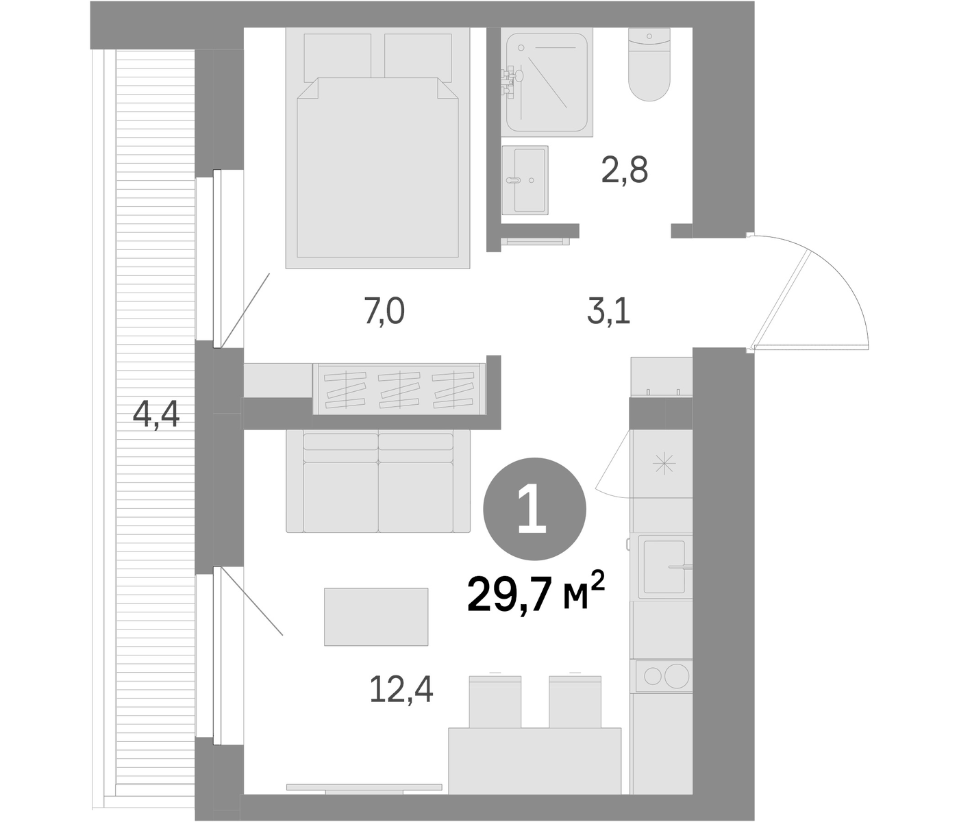Планировка 1-к.кв, 29.7 м² в ЖК Шишимская горка