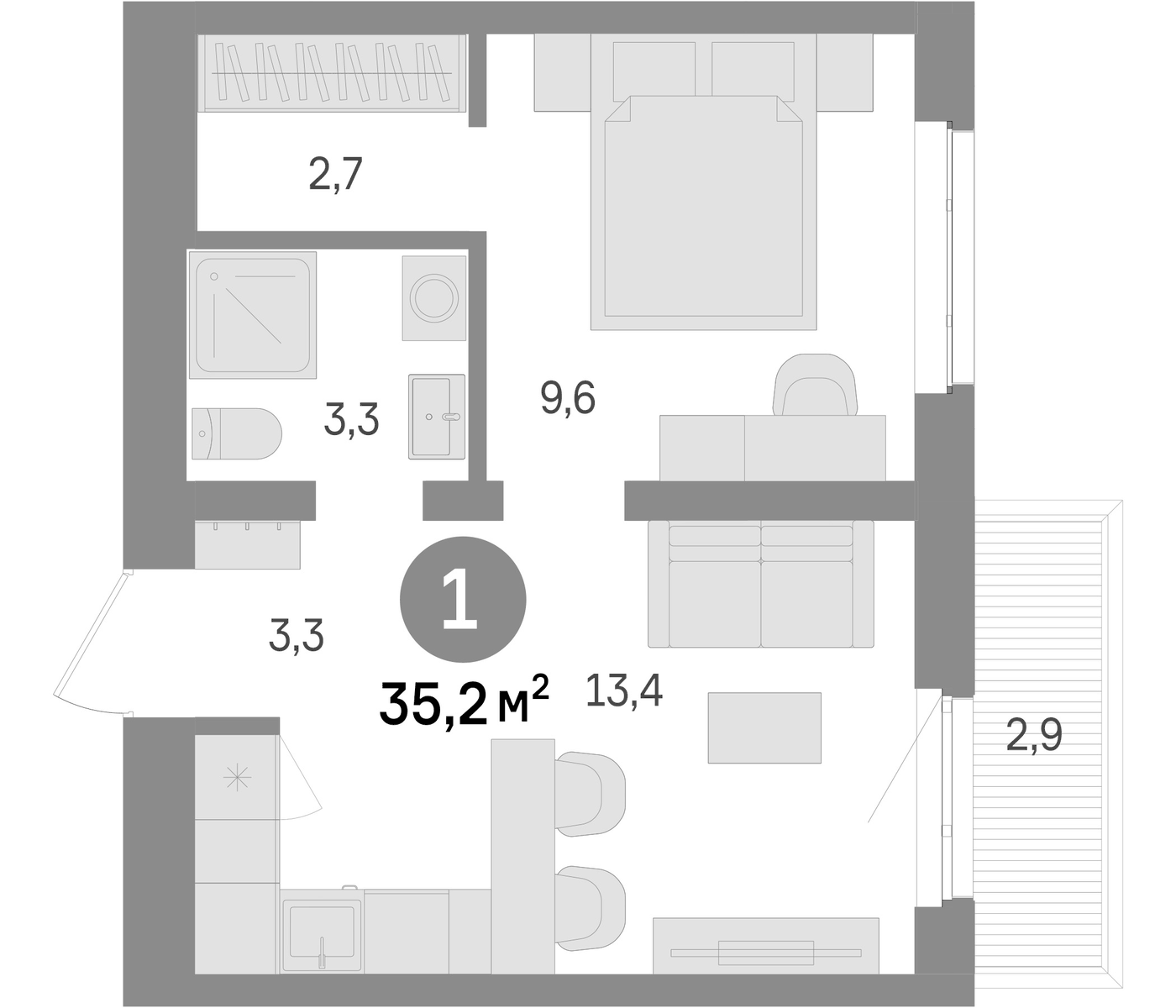 Планировка 1-к.кв, 35.2 м² в ЖК Шишимская горка