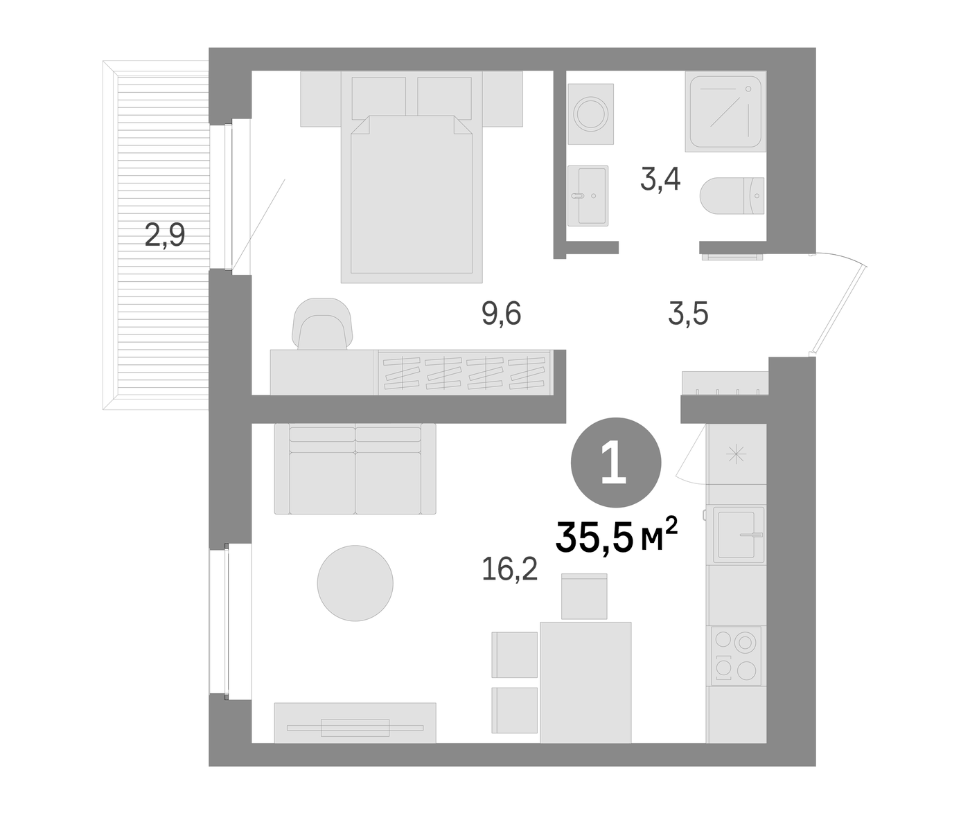 Планировка 1-к.кв, 35.5 м² в ЖК Шишимская горка