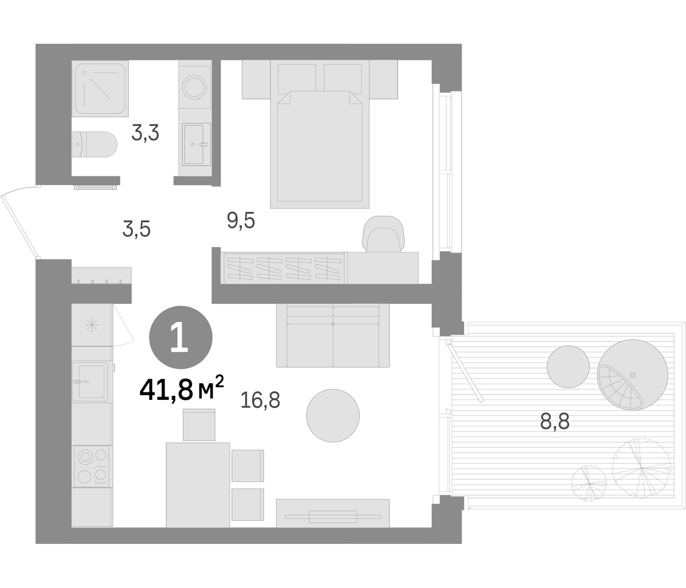 Планировка 1-к.кв, 41.8 м² в ЖК Шишимская горка