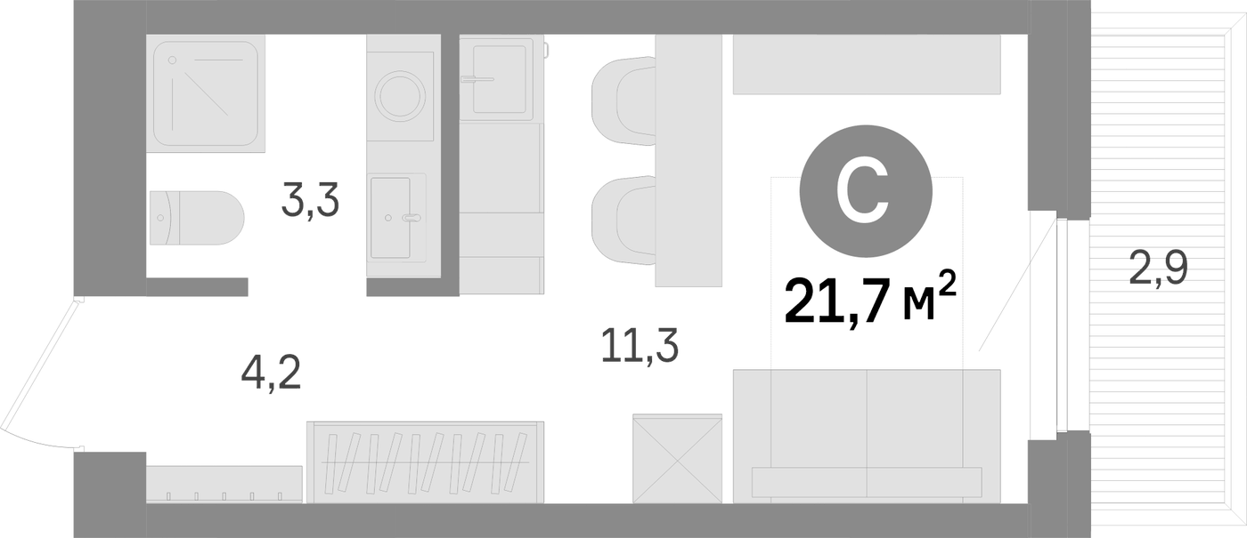 Планировка Студия, 21.7 м² в ЖК Шишимская горка