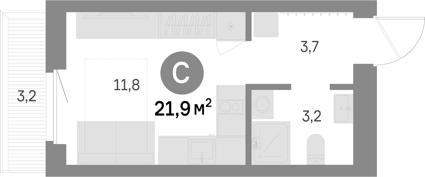 Планировка Студия, 21.9 м² в ЖК Шишимская горка