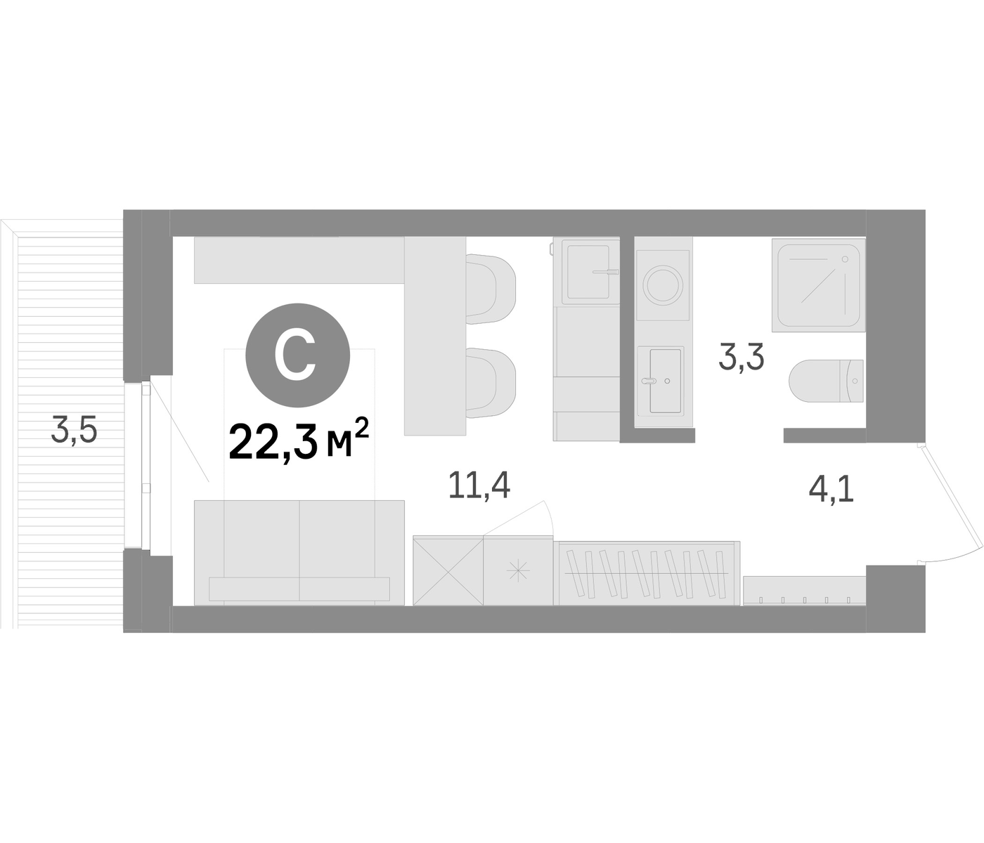 Планировка Студия, 22.3 м² в ЖК Шишимская горка