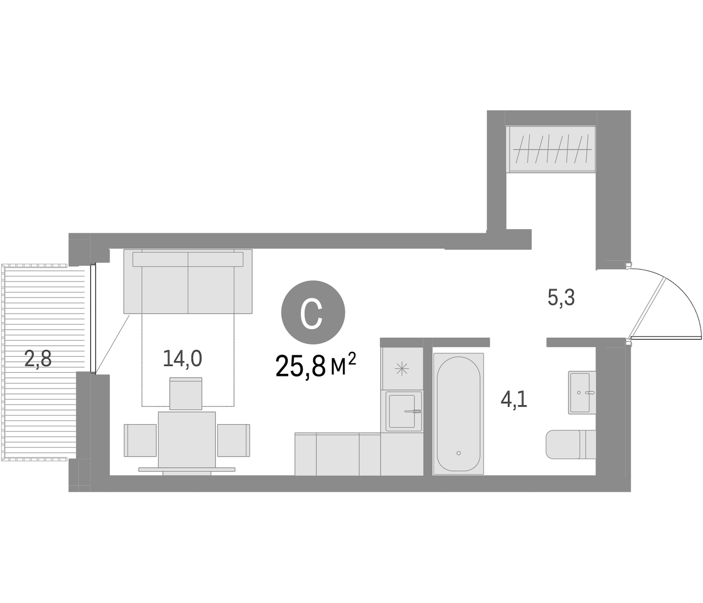 Планировка Студия, 25.8 м² в ЖК Шишимская горка