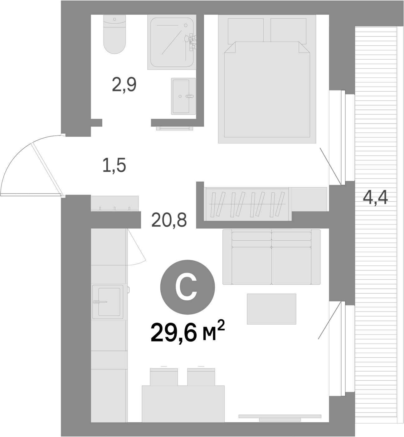 Планировка Студия, 29.6 м² в ЖК Шишимская горка