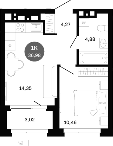 Планировка 1-к.кв, 36,98 м² в ЖК Сибирская калина