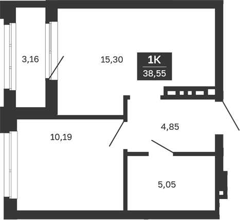 Планировка 1-к.кв, 38,55 м² в ЖК Сибирская калина