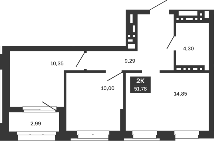 Планировка 2-к, 51,78 м² в ЖК Сибирская калина