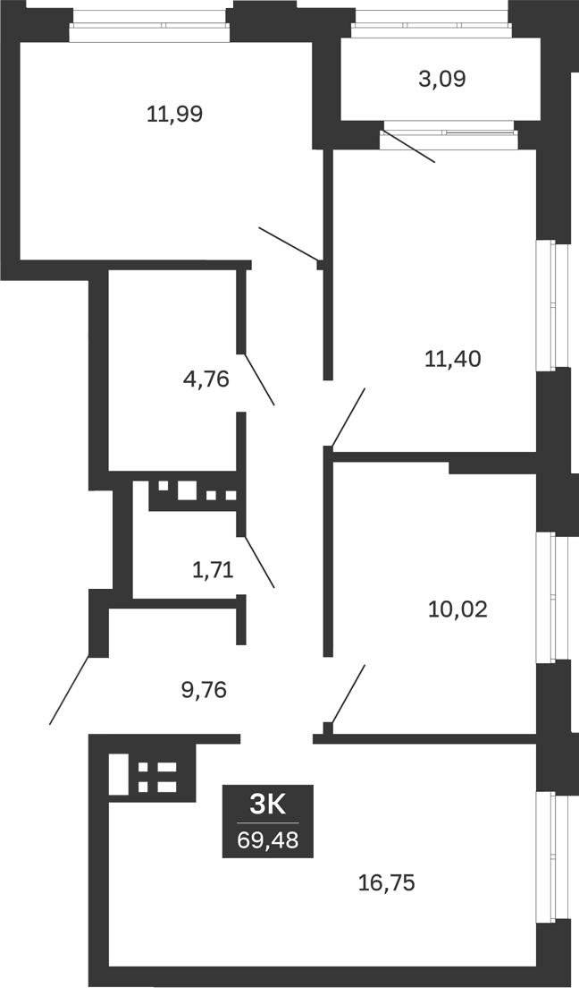 Планировка 3-к, 69,48 м² в ЖК Сибирская калина