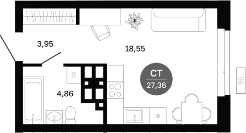 Планировка Студия, 27,36 м² в ЖК Сибирская калина