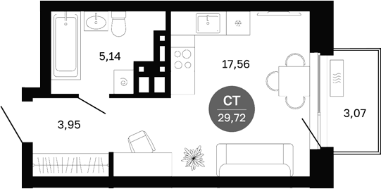 Планировка Студия, 27,57 м² в ЖК Сибирская калина