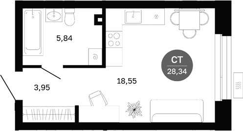Планировка Студия, 28,34 м² в ЖК Сибирская калина
