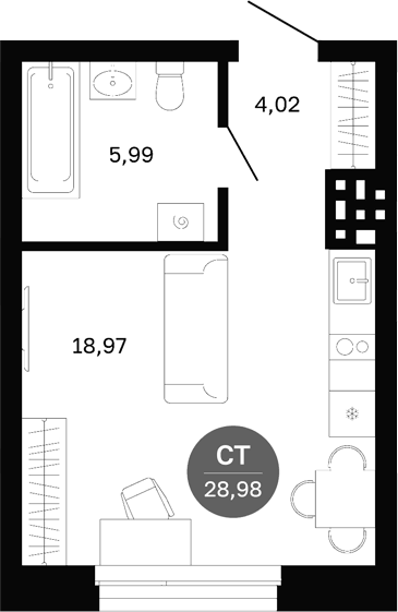 Планировка Студия, 28,98 м² в ЖК Сибирская калина
