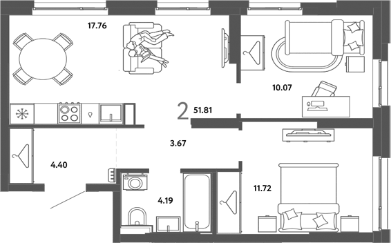 Планировка 2-к, 51,81 м² в ЖК Сибирский сад
