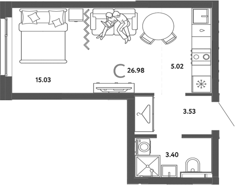 Планировка Студия, 26,98 м² в ЖК Сибирский сад