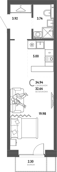 Планировка Студия, 34,94 м² в ЖК Сибирский сад