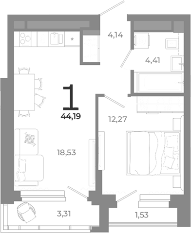 Планировка 1-к.кв, 44,19 м² в ЖК Символ