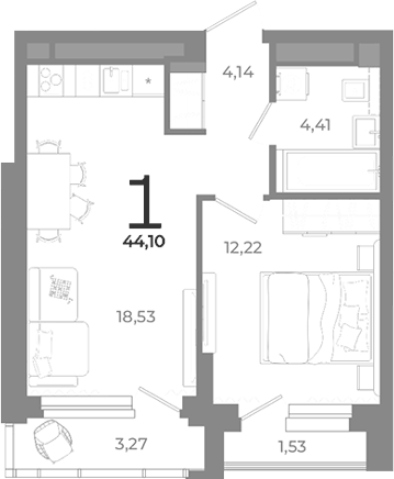 Планировка 1-к.кв, 44,1 м² в ЖК Символ