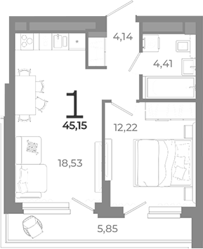 Планировка 1-к.кв, 45,15 м² в ЖК Символ