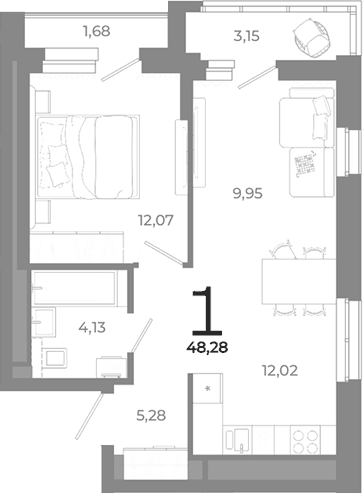 Планировка 1-к.кв, 48,28 м² в ЖК Символ