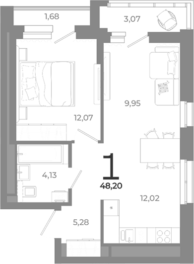 Планировка 1-к.кв, 48,2 м² в ЖК Символ