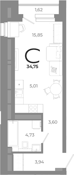 Планировка Студия, 34,75 м² в ЖК Символ