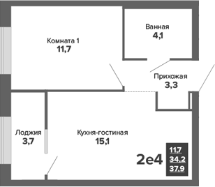 Планировка 2Е-к.кв, 37,89 м² в ЖК Синица. Движение