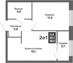 Планировка 2Е-к.кв, 38,34 м² в ЖК Синица. Движение