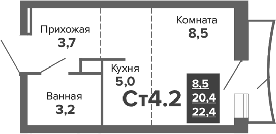 Планировка Студия, 22,4 м² в ЖК Синица. Движение