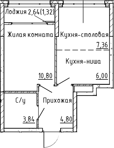 Планировка 2Е-к.кв, 34,12 м² в ЖК Синица на Куйбышева