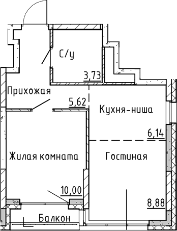 Планировка 2Е-к.кв, 34,77 м² в ЖК Синица на Куйбышева