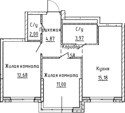 Планировка 3Е-к, 51,28 м² в ЖК Синица на Куйбышева