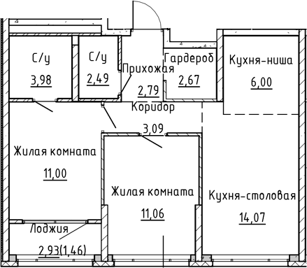 Планировка евротрёшки (3Е) 58,61 м² в ЖК Синица на Куйбышева, Екатеринбург: санузел 3,98 м² с входом из спальни, кухня-столовая 14,07 м²