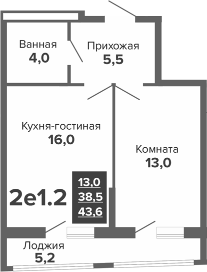 Планировка 2Е-к.кв, 43,65 м² в ЖК Синица. Реформа
