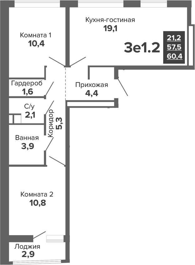 Планировка 3Е-к.кв, 60,43 м² в ЖК Синица. Реформа