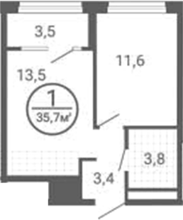 Планировка 2Е-к.кв, 33,99 м² в ЖК Синица. Сезоны