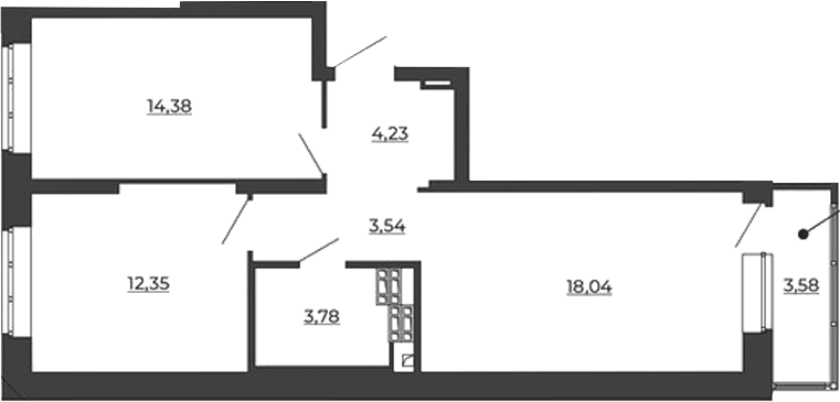 Планировка двухкомнатной квартиры 59,9 м² в ЖК СКМ Ривер, Екатеринбург: комнаты 14,38 и 12,35 м², кухня-гостиная 18,04 м² с лоджией