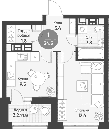 Планировка 1-к.кв, 34.5 м² в ЖК Солнечный