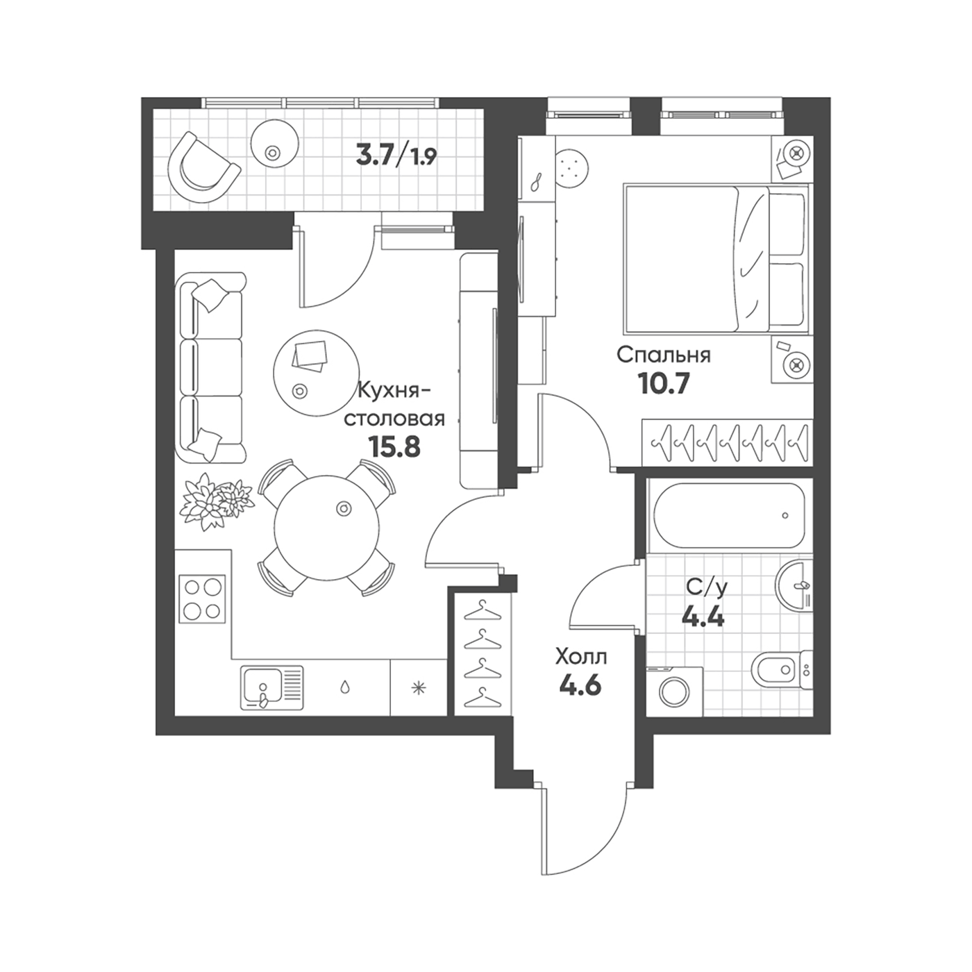 Планировка 1-к.кв, 37.4 м² в ЖК Солнечный