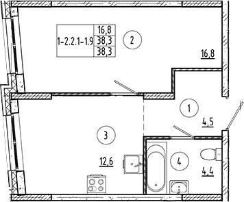 Планировка 1-к.кв, 38.3 м² в ЖК Солнечный