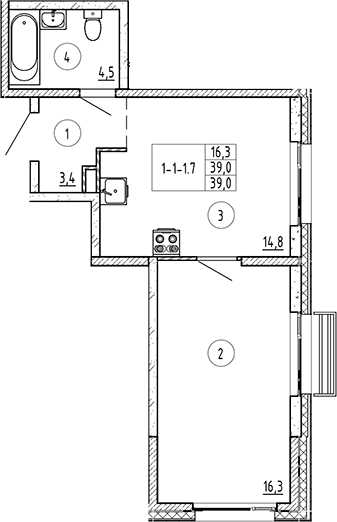 Планировка 1-к.кв, 39 м² в ЖК Солнечный