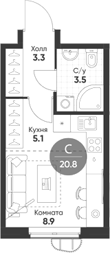 Планировка Студия, 20.8 м² в ЖК Солнечный