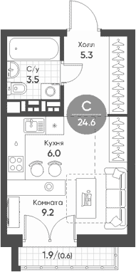 Планировка Студия, 24.6 м² в ЖК Солнечный