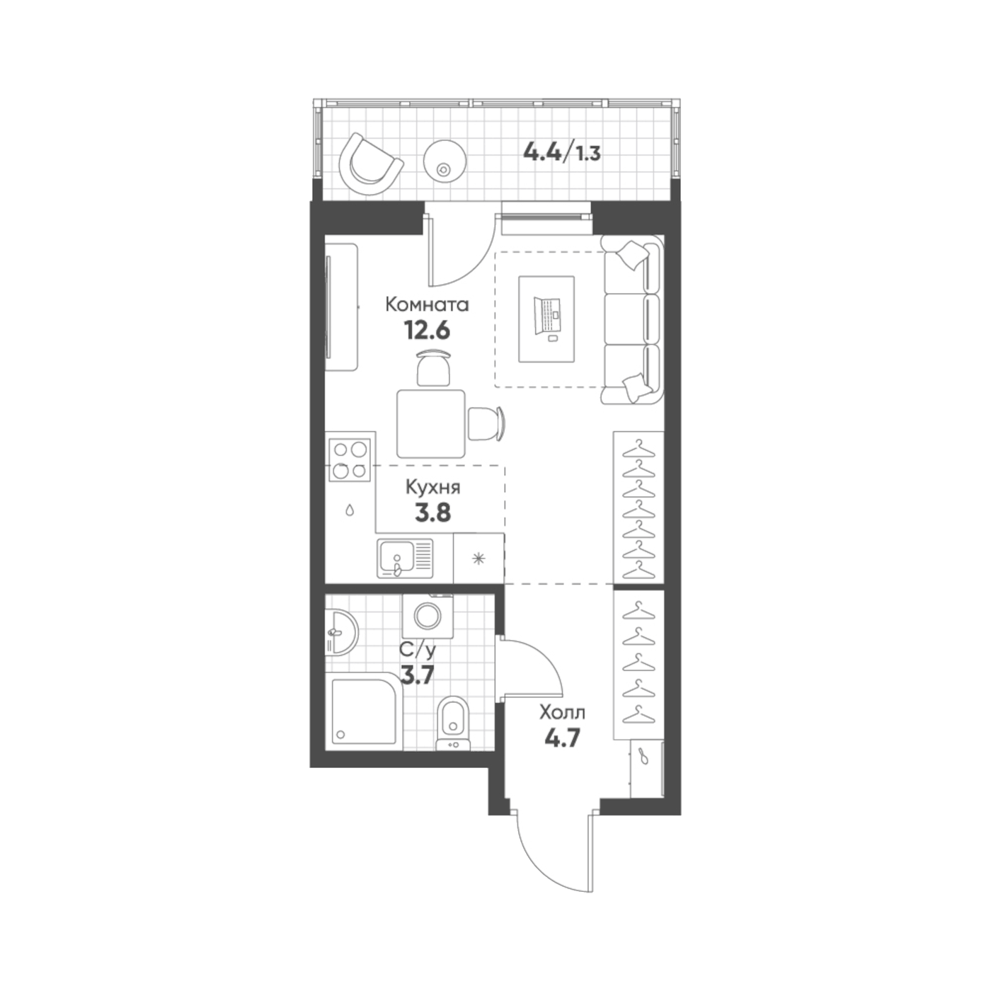 Планировка Студия, 26.1 м² в ЖК Солнечный