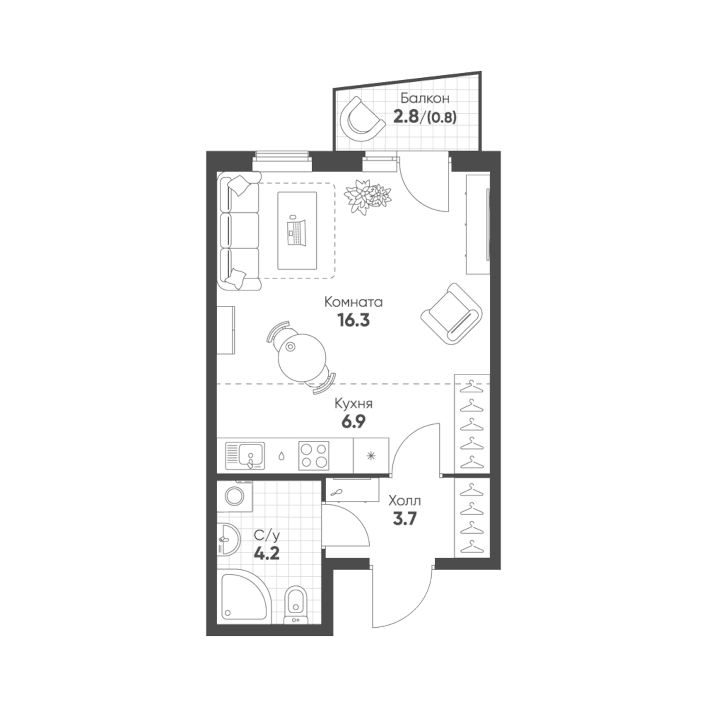 Планировка Студия, 31.9 м² в ЖК Солнечный