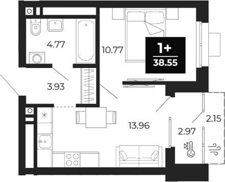 Планировка 1-к.кв, 38,55 м² в ЖК Соната-парк