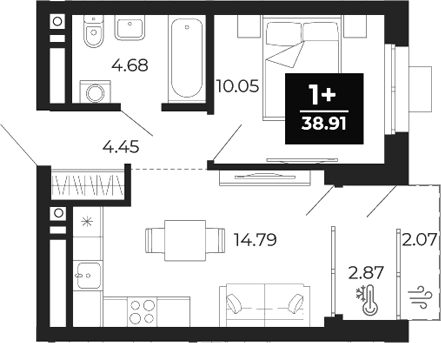 Планировка 1-к.кв, 38,91 м² в ЖК Соната-парк